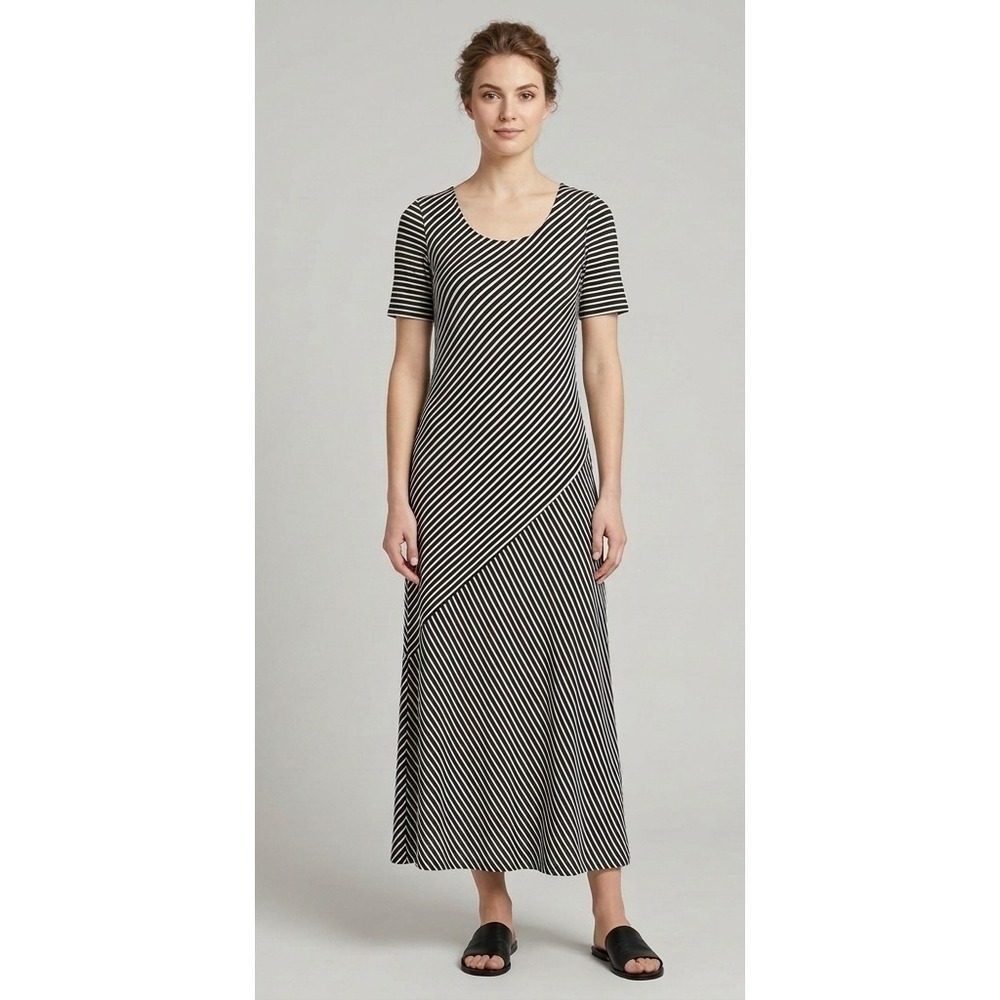 Chicos Travelers Slinky Maxi Dress Womens 3/XL Black White Striped Short Sleeve‎